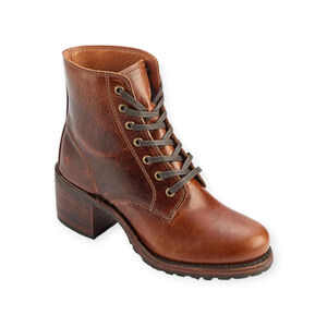 Frye Sabrina 6G Lace Up Distressed Leather Cognac Boot Ankle Booties